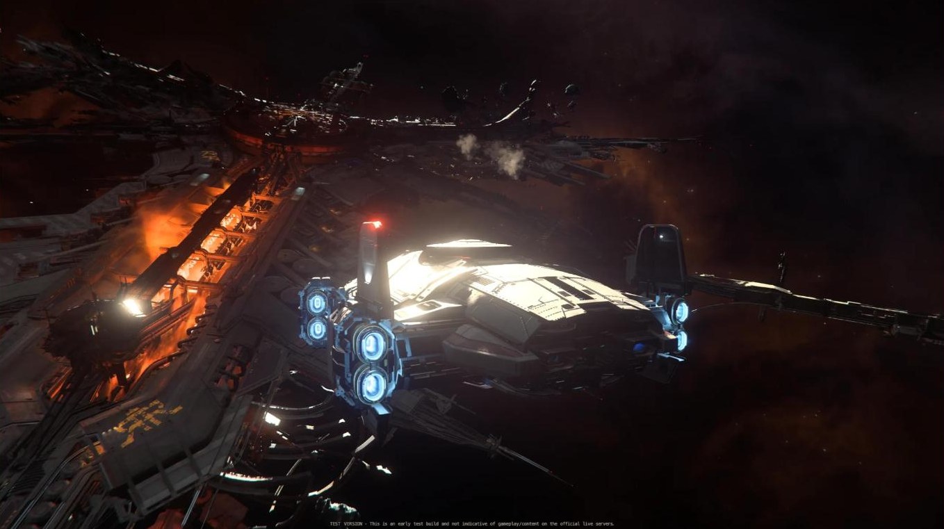 Ship flying past a burning station