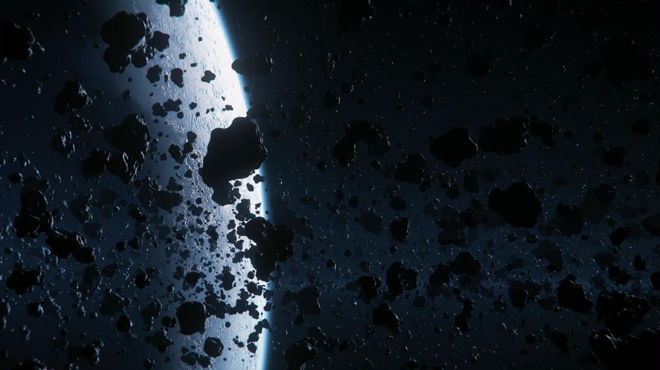 Asteroid field with planet