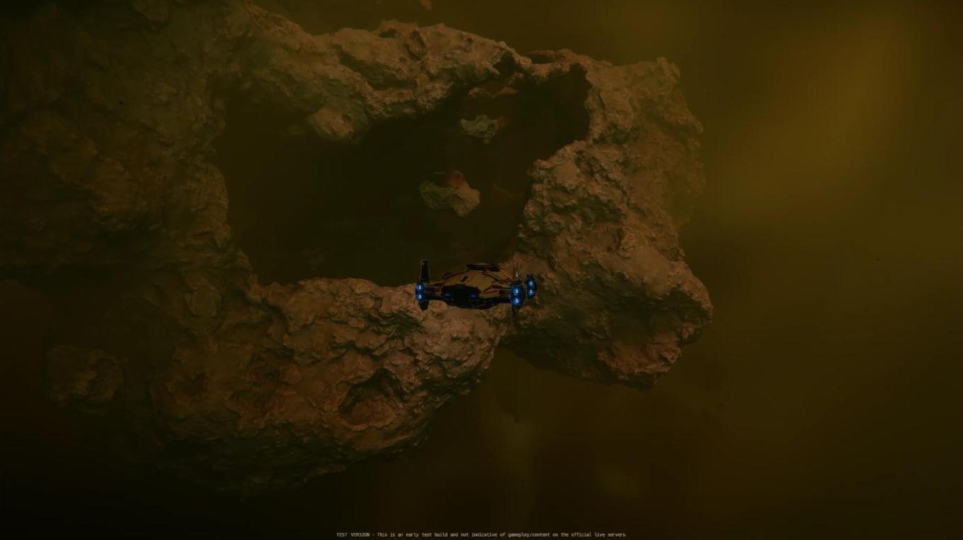 Ship hovering beside a large asteroid