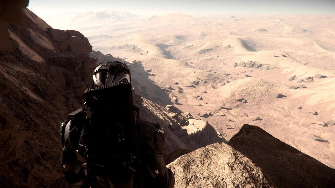 Armored figure overlooking a vast canyon