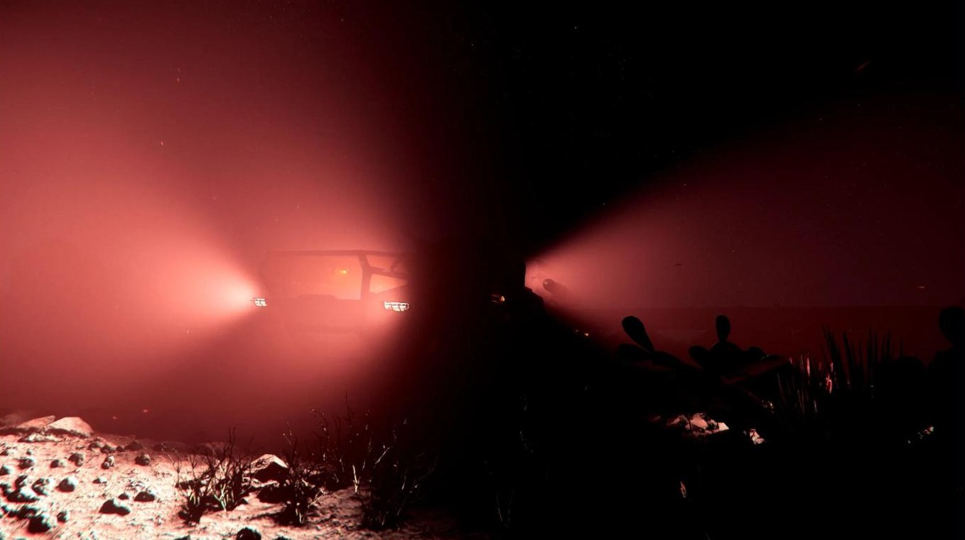 Vehicle headlights cutting through fog